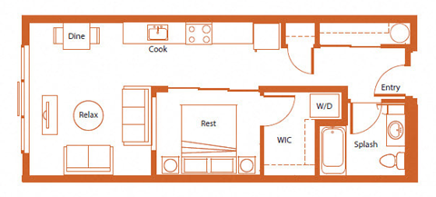 Floor plan for 1 bed, 1 bath, 591 sqft